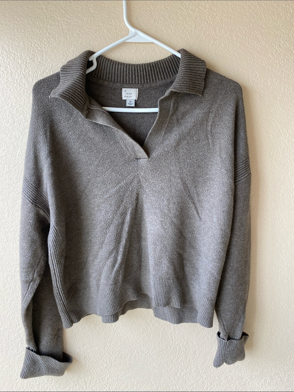 a new day Taupe Ribbed Collar V-Neck Pullover Sweater